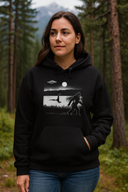 Unisex Black Hoodie – Bigfoot & UFO Forest Scene