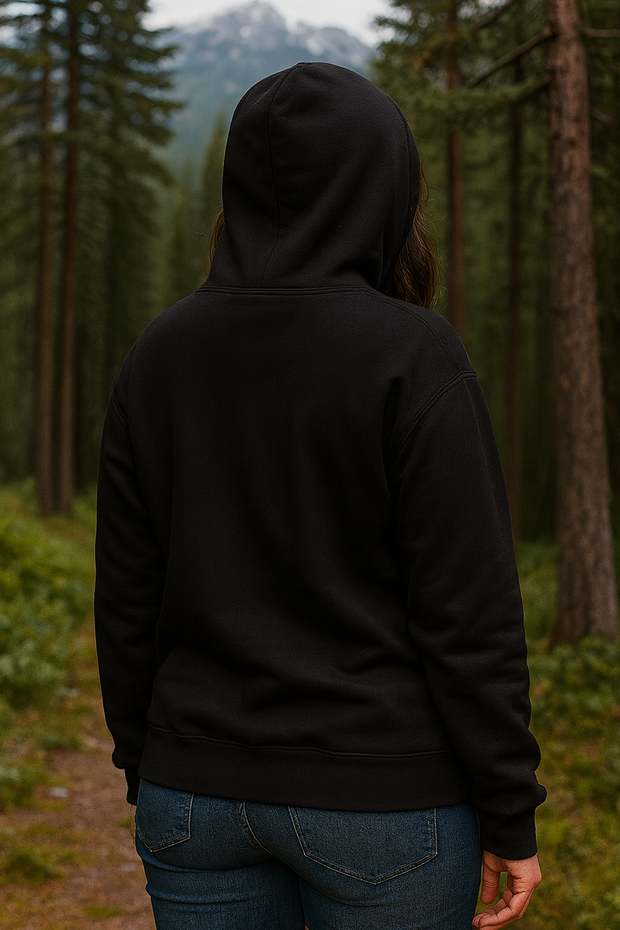 Unisex Black Hoodie – Bigfoot & UFO Forest Scene