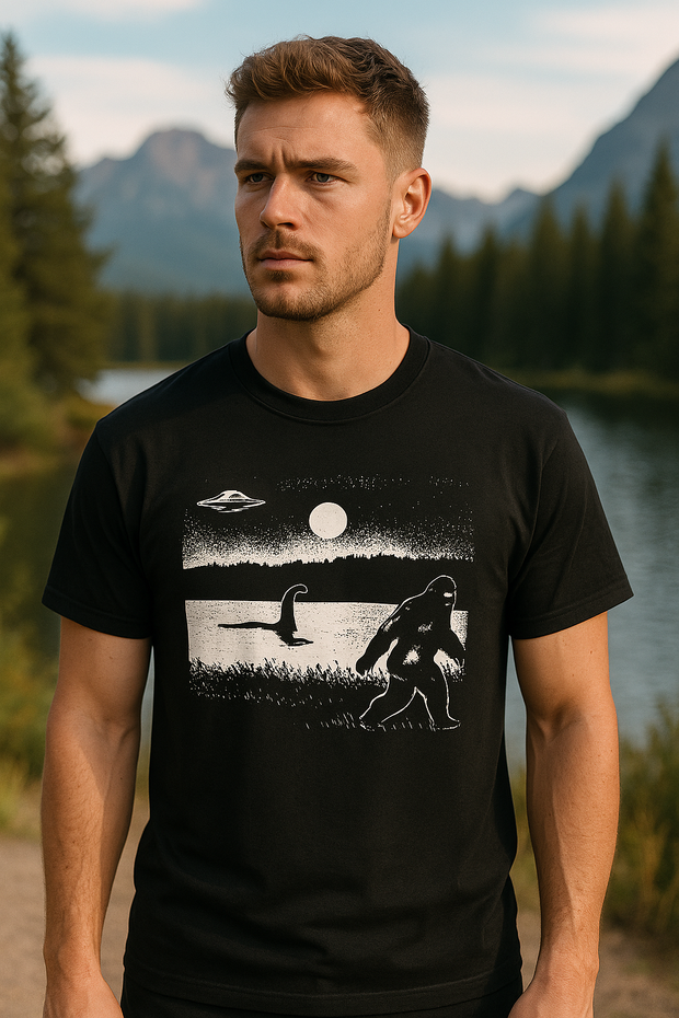 Unisex Graphic T-Shirt – Bigfoot, Loch Ness & UFO Night Scene