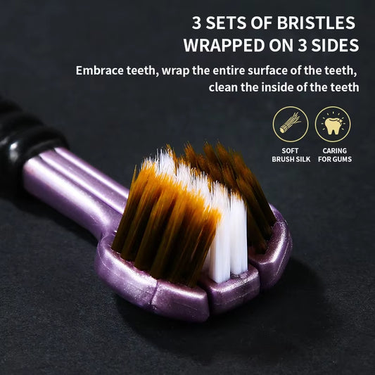 Ultimate Triple Sided Soft Bristle Toothbrush for Adults - Perfect for Men and Women, Plus Tongue Scraper!