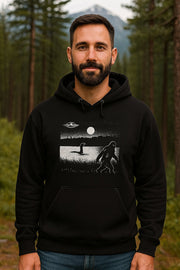 Unisex Black Hoodie – Bigfoot & UFO Forest Scene