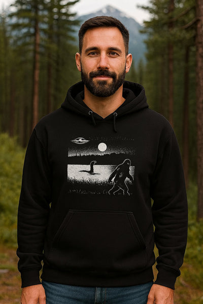 Unisex Black Hoodie – Bigfoot & UFO Forest Scene