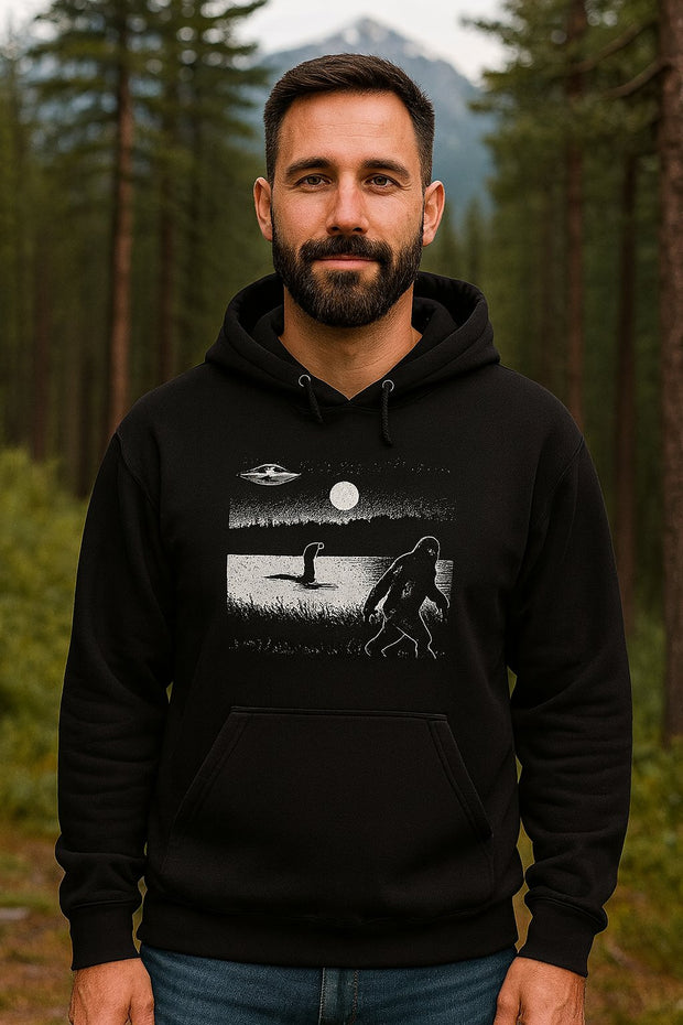 Unisex Black Hoodie – Bigfoot & UFO Forest Scene
