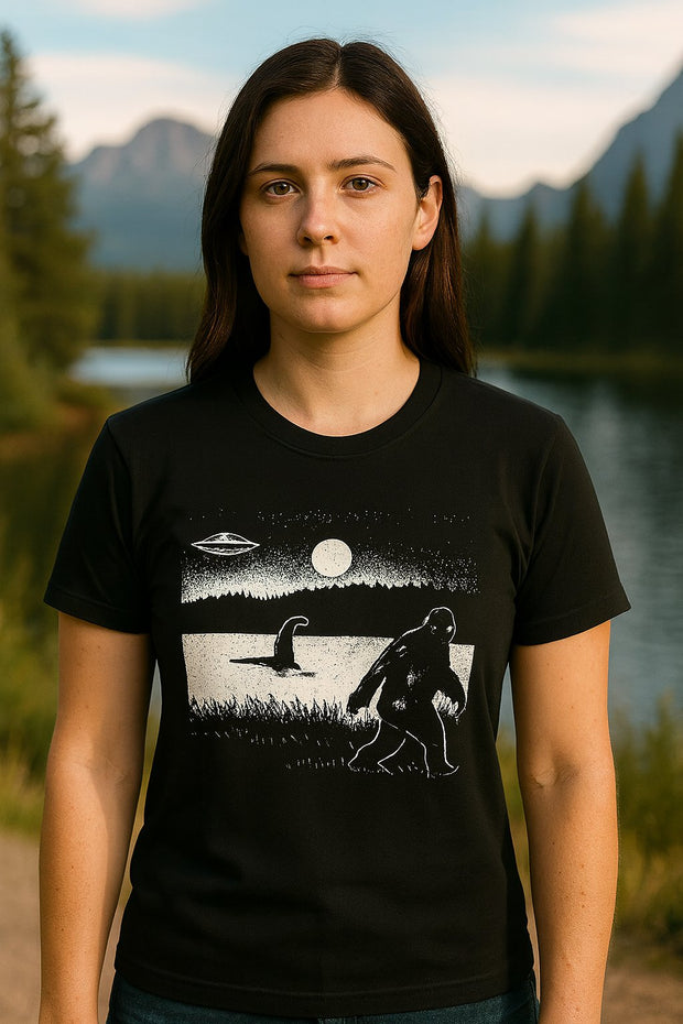 Unisex Graphic T-Shirt – Bigfoot, Loch Ness & UFO Night Scene